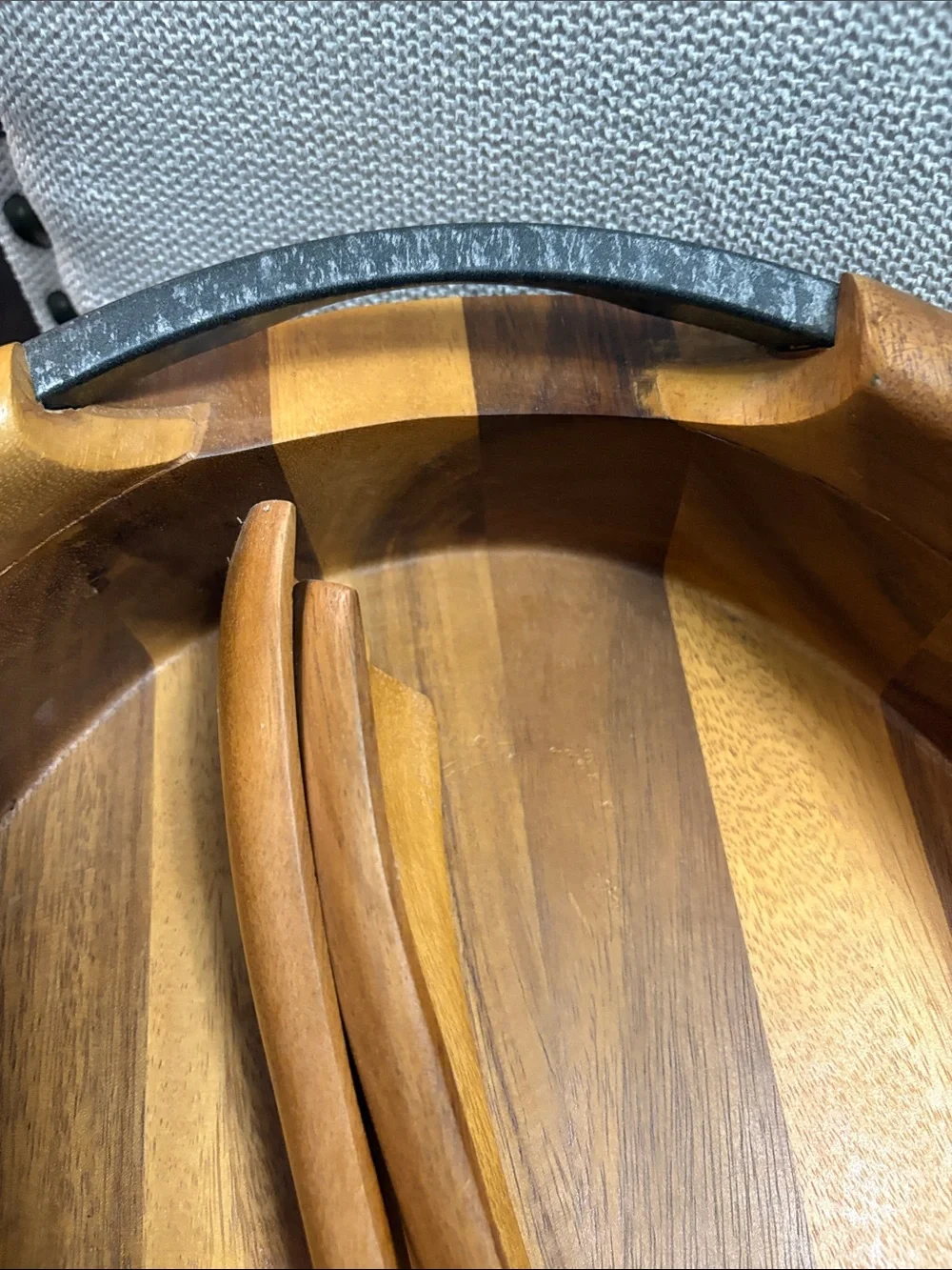 Nambe Acacia Wood Serving Bowl with Servers in Honey Brown and Metal Accents